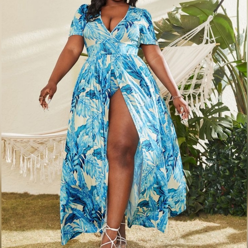 SHEIN SXY Plus Tropical Print High Split Jumpsuit